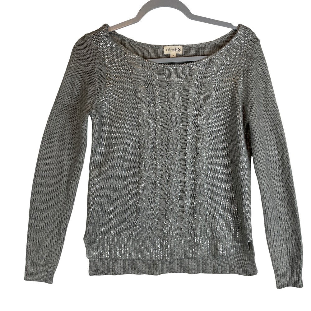 Maison Jules Women‎ Silver Metallic Cable Knit Sweater Boat Neck Long Sleeve S